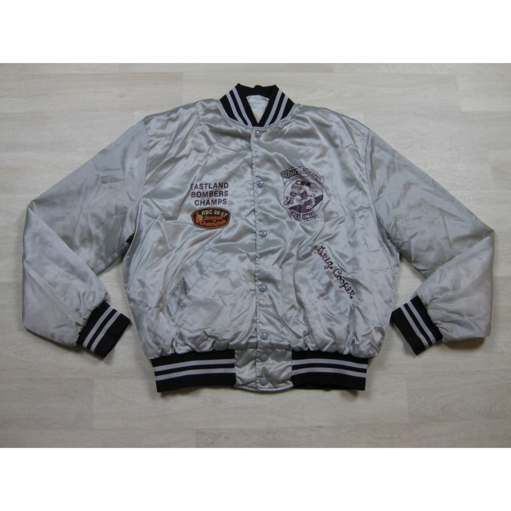Vintage 80s Holloway Satin Bomber Jacket (XL) Car Van Club Bowling Chain Stitch
